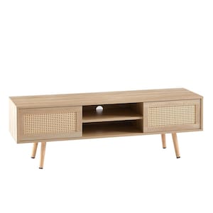 55.12 in. Natural MDF Rectangular TV Stand with 2-Rattan Doors and Adjustable Shelves