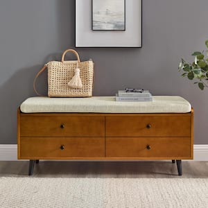 19 In. Acorn and Tan Wood Faux Drawer Storage Bench with Polyester Linen Cushion
