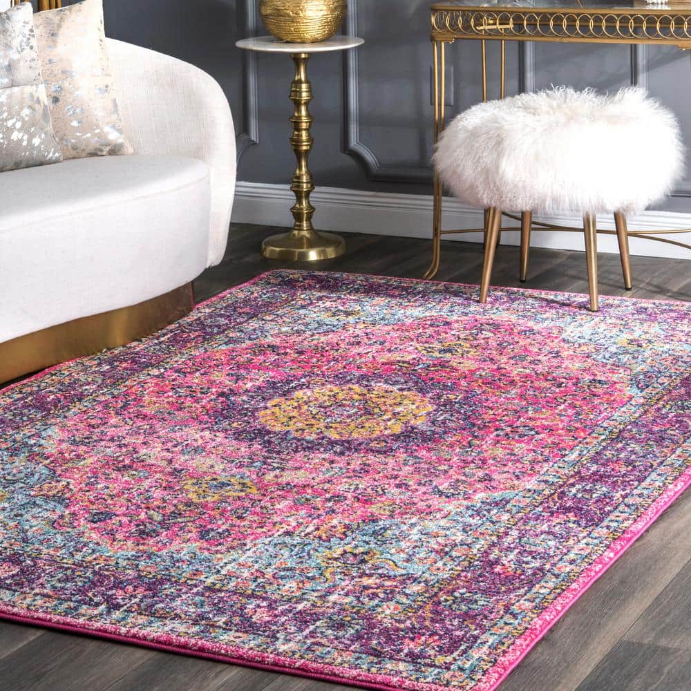 Pink and Blue Vintage Persian Style Rectangular Area Rug
