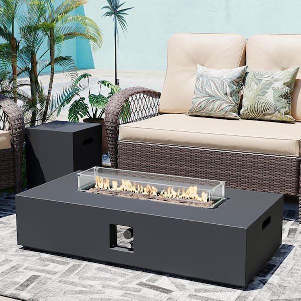 PATIOGUARDER 56 in. Rectangular Magnesium Oxide Outdoor Fire Pit Table with Tank Cover, Wind Guard and Rain Cover in Dark Grey