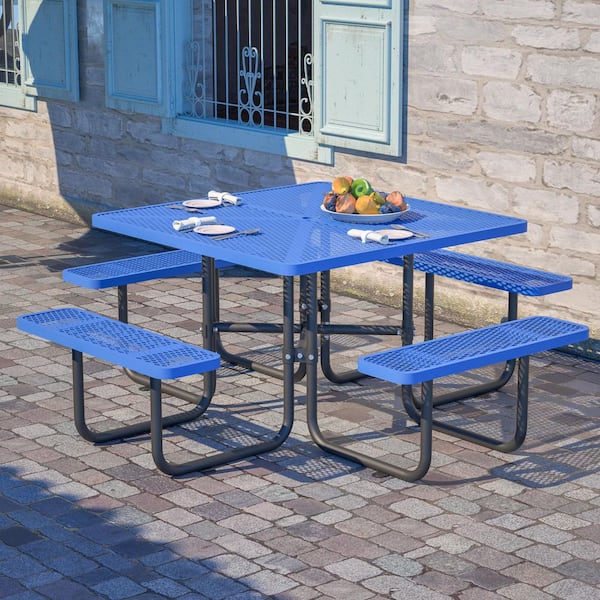Thanaddo 78.74 in. Blue Square Steel Picnic Table Seats 4-8 People with Umbrella Hole