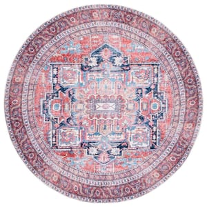Serapi Red/Navy 7 ft. x 7 ft. Machine Washable Border Floral Round Area Rug