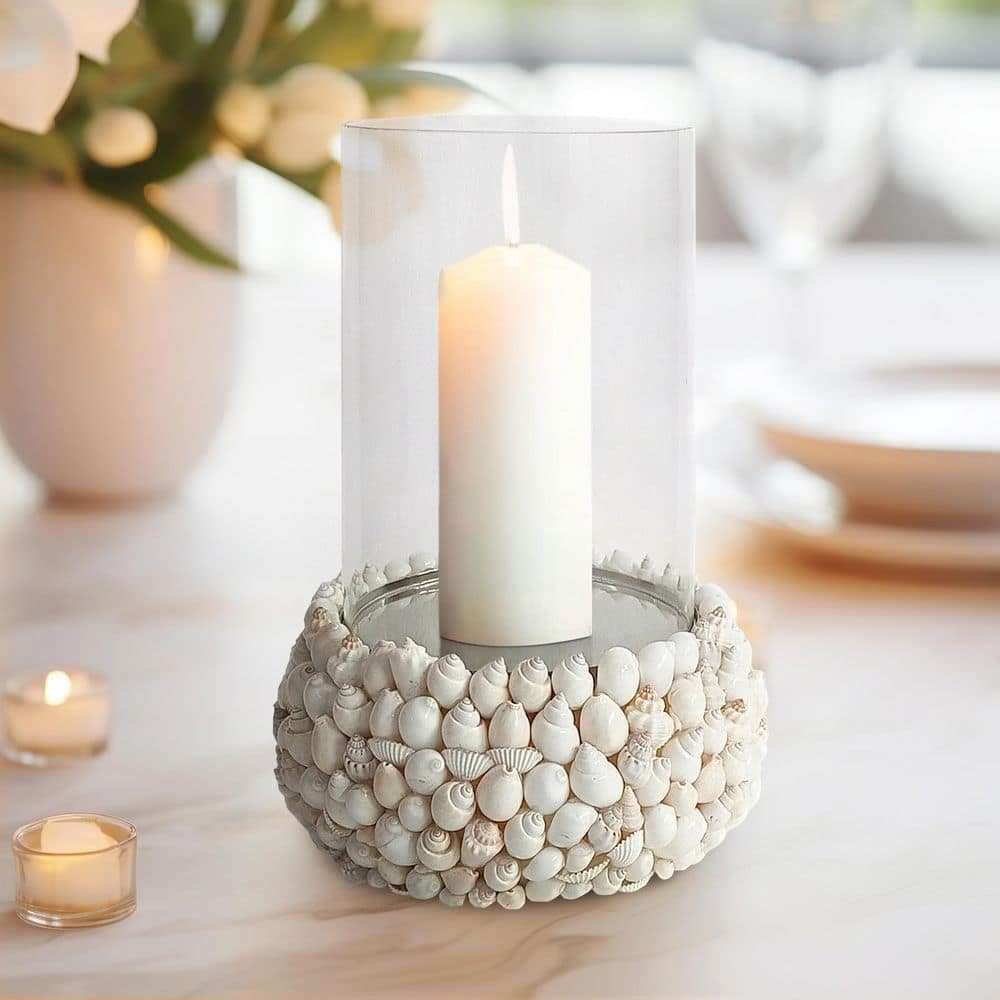 Liv & Skye Ivory 12 in. Stone Cylinder Coastal Hurricane Candle
