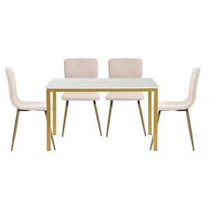 Brandt Scargill Beige 5 Pieces Rectangle Faux Marble Dining Table Chair Set With 4 Upholstered Dining Chair