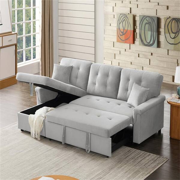 Seafuloy 86 6 In Gray Velvet Reversible Sectional Sofa With Pull Out
