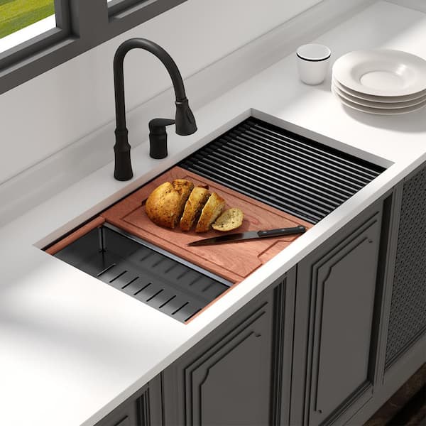 30 in. Gunmetal Black Undermount Single Bowl 16-Gauge Stainless Steel Round Corner Workstation Kitchen Sink with Grid