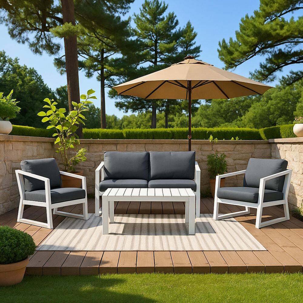 White 4 Piece Aluminum Outdoor Furniture Patio Conversation Set with Black Cushions and White Table price history on PriceWatchPro