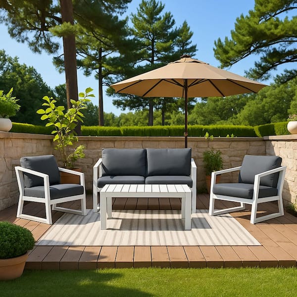 White 4 Piece Aluminum Outdoor Furniture Patio Conversation Set with Black Cushions and White Table