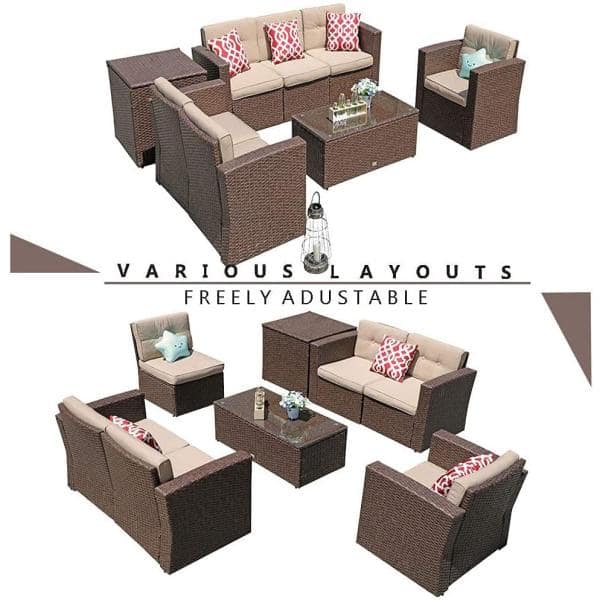 8-Piece Beige and Brown Wicker Patio Sectional Set