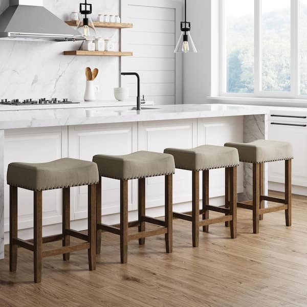 Nathan James Hylie 24 in. Nailhead Wood Counter Height Bar Stool Beige Fabric Cushion Light Brown Finish, Set of 4
