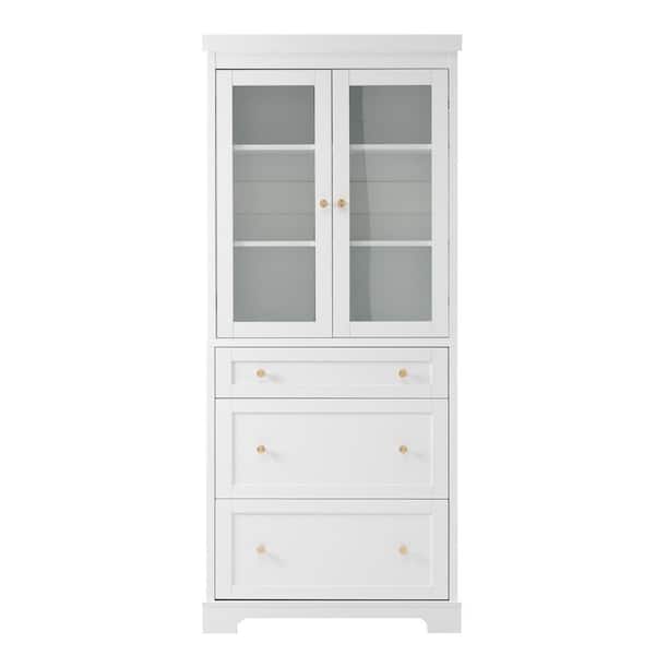 30.1 in. W x 15.7 in. D x 70.1 in. H White MDF Freestanding Linen Cabinet with Soft-Close Glass Doors,Adjustable Shelves
