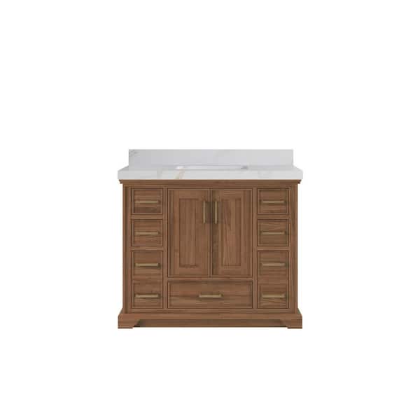 Willow Collections Charlotte Teak 42 in. W x 22 in. D x 36 in. H Single Sink Bath Vanity Dark Natural with 2 in. Calacatta Sienna Qt. Top