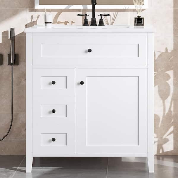 30 in. Single Sink Freestanding White Bath Vanity with White Ceramic Top - Adjustable Shelf, Soft-Close