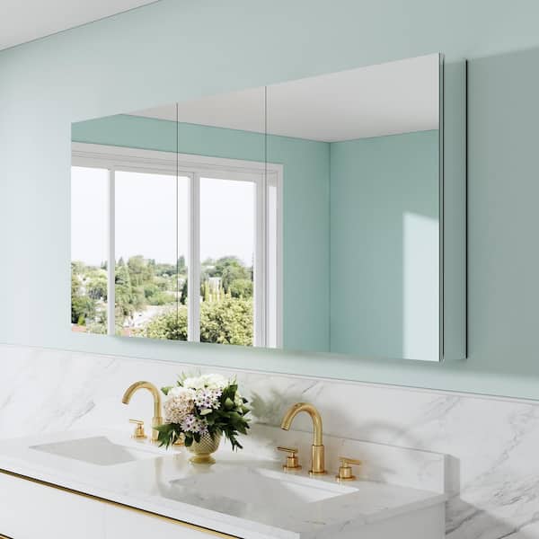 Peony 64 in. W x 30 in. H Rectangular Aluminum Medicine Cabinet with Mirror Combo, Reversible Door, Tri-View, Soft Close