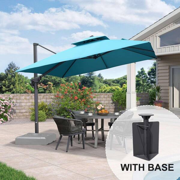 PURPLE LEAF 10 ft. Square 2-Tier Aluminum Cantilever 360-Degree Rotation Patio Umbrella with Base in Ground, Turquoise Blue