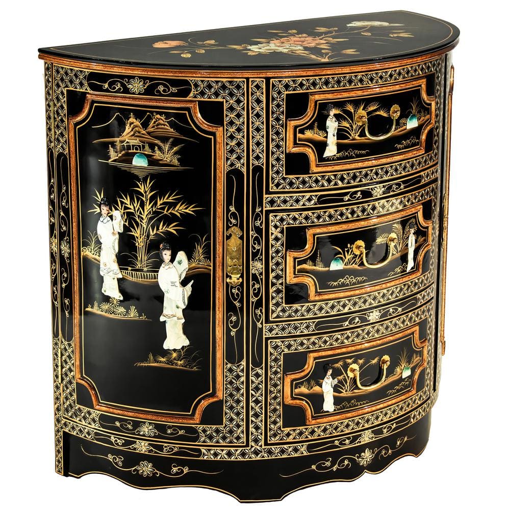 Black Lacquer Half-Moon Cabinet with Mother-of-Pearl Design