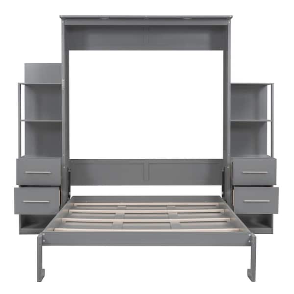 Harper & Bright Designs Gray Wood Frame Queen Size Murphy Bed, Wall Bed with Shelves, 4-Drawer and LED Lights