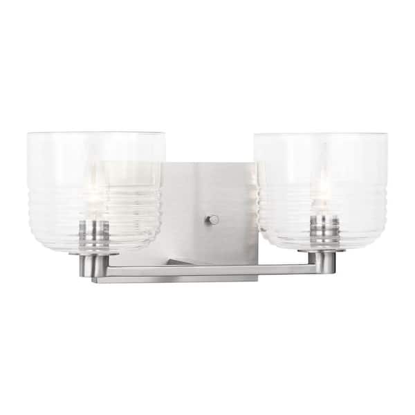 Lochdale Medium 14.75 in. 2-Light Brushed Nickel Vanity Light with Clear Ribbed Glass Shades