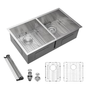 Brushed Nickel Stainless Steel 32 in. Double Bowl Undermount Workstation Kitchen Sink with bottom grid