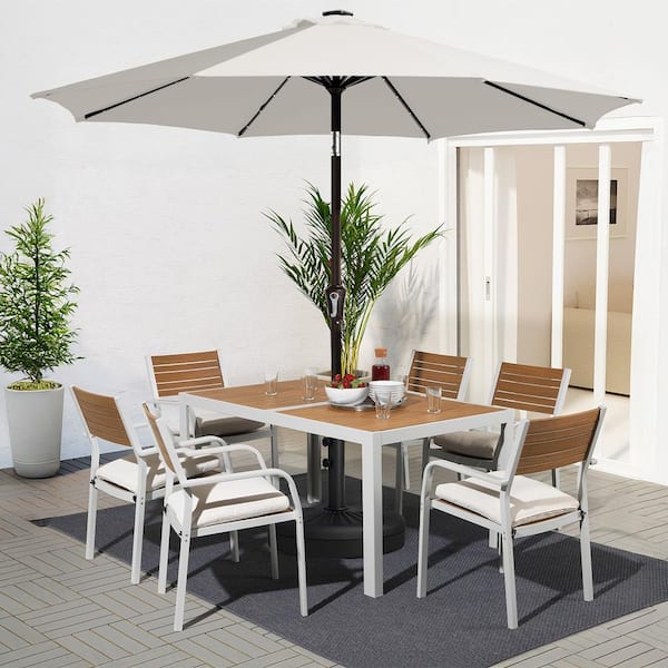 9 ft. Market Solar LED Lighted Tilt Patio Umbrella Outdoor Steel Umbrella in Off-White