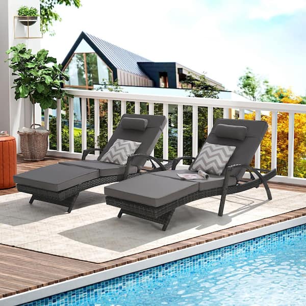 Sudzendf Wicker Outdoor Reclining Loveseat Chair Sunbathing Chairs with Dark Gray Cushions (Set of 2)