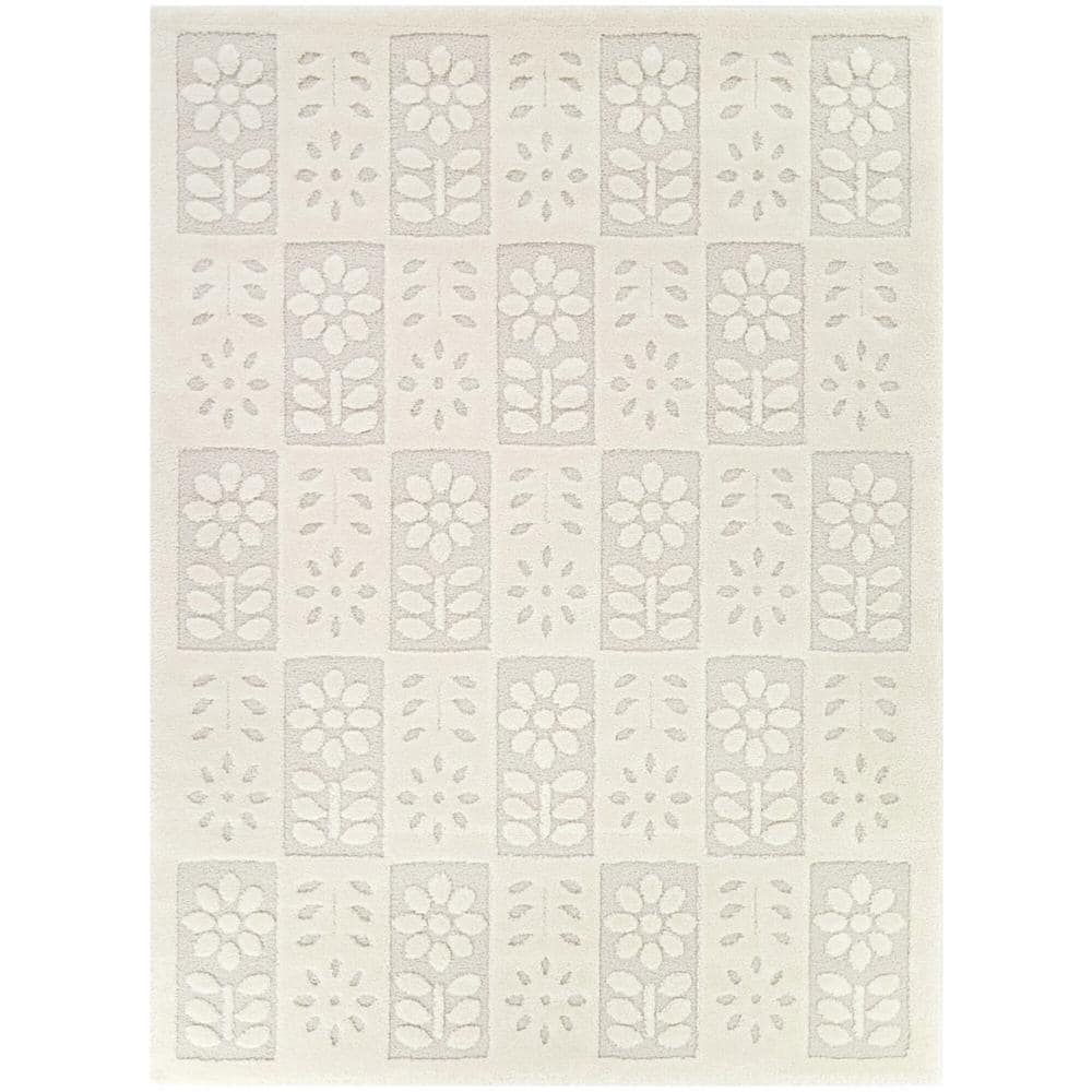 Cream Floral Rectangular Synthetic Easy Care Area Rug
