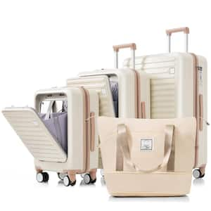 4-Piece Ivory and Golden Expandable ABS Hardshell Spinner Luggage Set with Travel Bag, USB Port, Cup Holder, Hooks