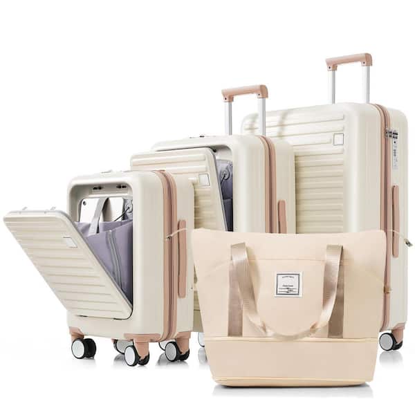 Merax 4-Piece Ivory and Golden Expandable ABS Hardshell Spinner Luggage Set with Travel Bag, USB Port, Cup Holder, Hooks
