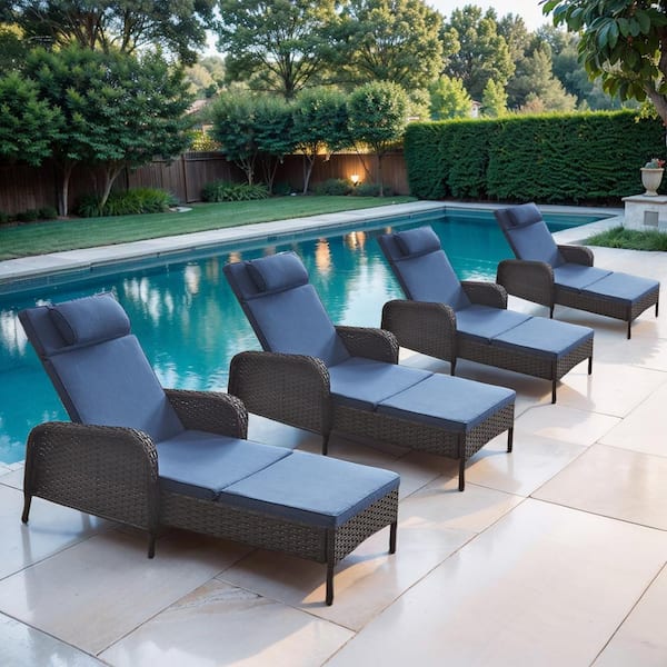 ArcoBay 4-Piece Brown Wicker Outdoor Chaise Lounge Rattan Chaise Lounge with Olefin Navy Blue Cushions