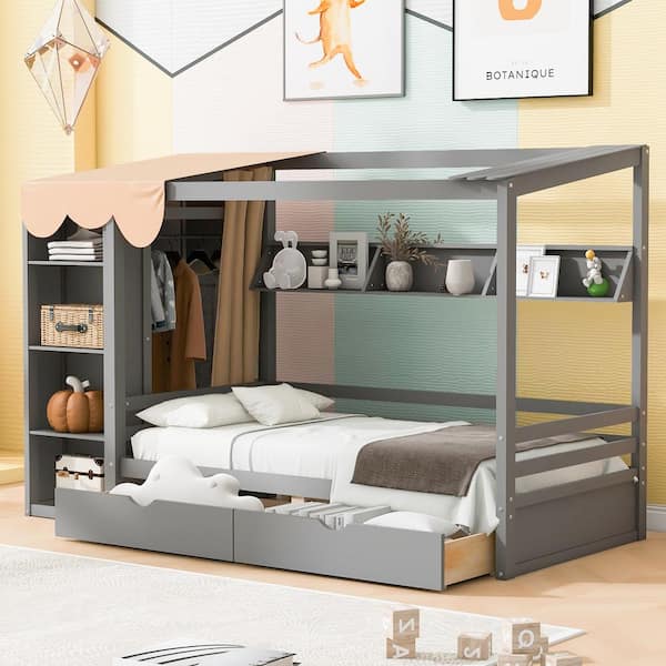 Harper & Bright Designs Multi-Functional Gray Twin Size House Bed with Curtain Fabric Design, 2-Drawers, Wardrobe, Storage Shelves