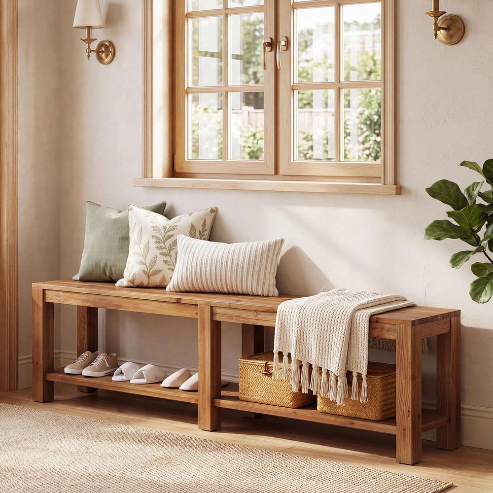 70.9 in. W Brown Solid Wood Shoe Storage Bench with Lower Storage Shelf, Farmhouse Bench for Foyer Mudroom Hallway