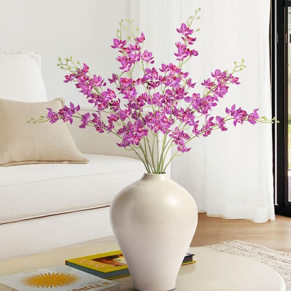 LIVING LUXURY 34 in. Purple Fuchsia Artificial Dendrobium Orchid Flower Stem Spray (Set of 4)