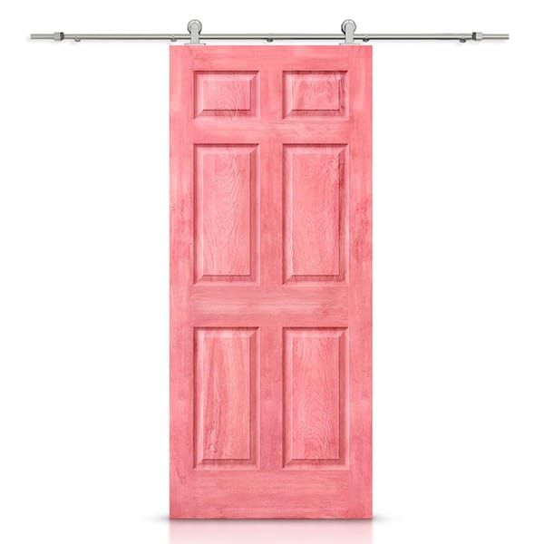 CALHOME 30 in. x 80 in. Antique Red Stain Composite MDF 6 Panel Interior Sliding Barn Door with Hardware Kit