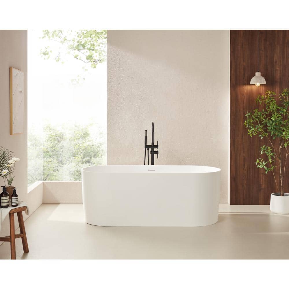 67" Glossy White Stone Resin Freestanding Soaking Bathtub