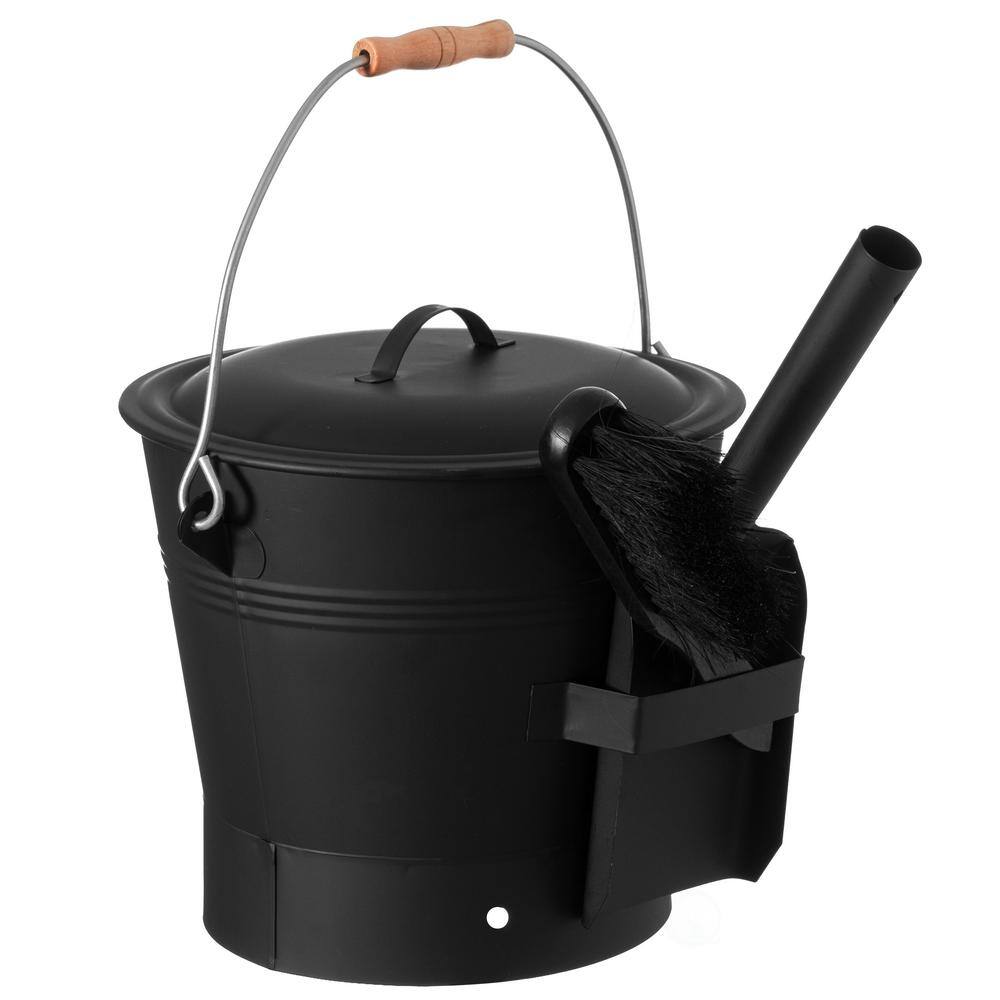 Gardenised Black Iron Ash Bucket with Lid and Wood Handle Brush Use for