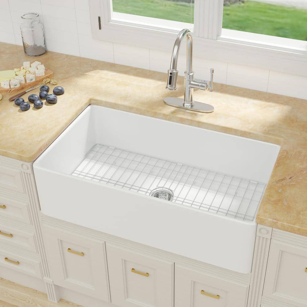 Kuomih White Fireclay 36 in. Single Bowl Farmhouse Apron Kitchen Sink with  Bottom Grid and Basket Strainer HKD-362010-W - The Home Depot