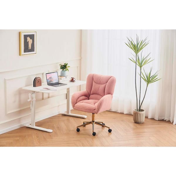 Pink Teddy Fabric 360 Swivel Home Office Chair With Gold Metal Base and Universal Wheels