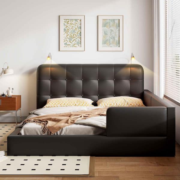 Black Wood Frame Queen Size Platform Bed with 2 Reading Lights
