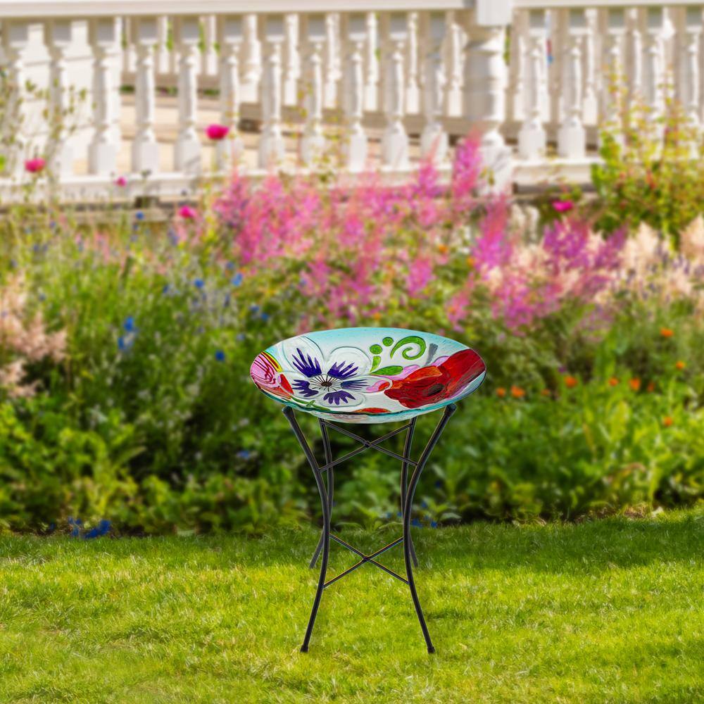 21" White and Multicolor Hand Painted Floral Glass Outdoor Birdbath with Stand