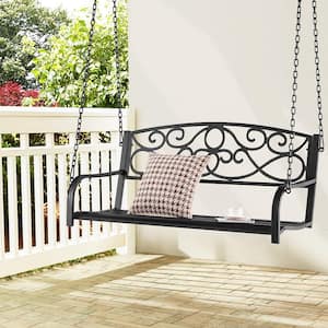 485 lbs. Capacity 2-Person Black Metal Porch Patio Swing Outdoor Hanging Bench