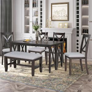 6-Piece Espresso Brown Wood Top Dining Room Set Seats 6 with Foldable Table Cushioned Chairs and Bench