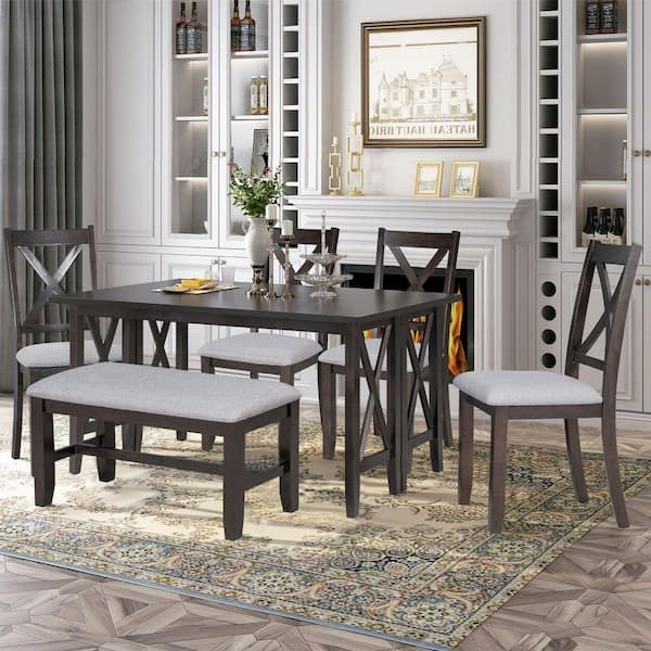 6-Piece Espresso Brown Wood Top Dining Room Set Seats 6 with Foldable Table Cushioned Chairs and Bench