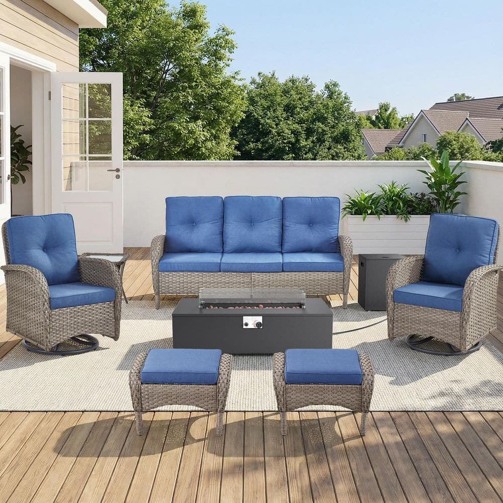 Carlos Gray 7-Piece Wicker Fire Pit Conversation Set Outdoor Swivel Glider Chairs with Bule Cushions price history on PriceWatchPro