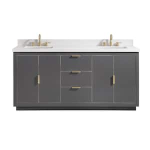 Austen 73 in. W x 22 in. D Bath Vanity in Gray with Gold Trim with Quartz Vanity Top in White with Basins