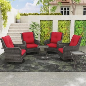 6-Piece Wicker Patio Conversation Set Swivel Rocking Chairs with Red Cushions