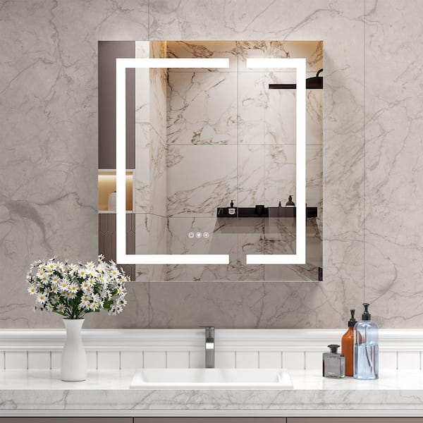 WOODSAM 30 in. W x 32 in H Rectangular Aluminum Recessed/Surface Mount Bathroom Medicine Cabinet with Mirror and LED Light