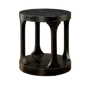 22 in. Antique Black Round Wood End/Side Table with Wooden Frame