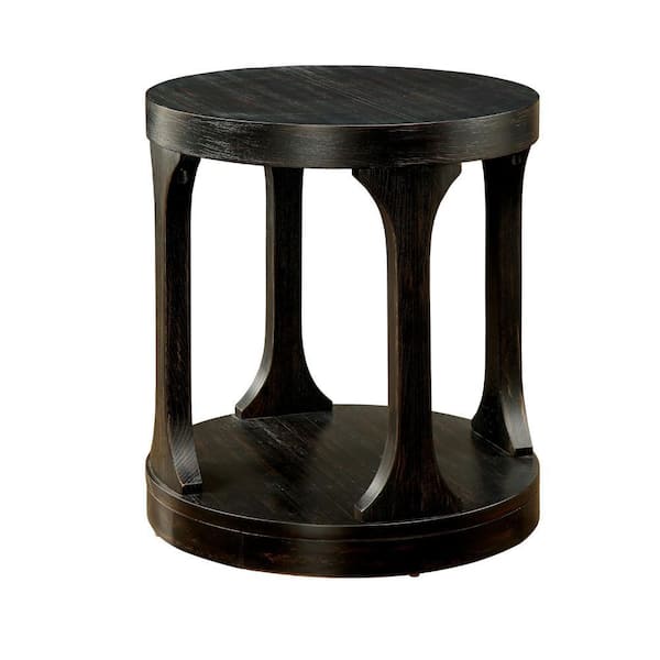 Benjara 22 in. Antique Black Round Wood End/Side Table with Wooden Frame