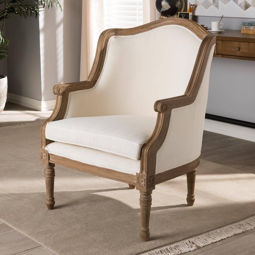 Charlemagne Distressed Brown Oak Wood French Accent Chair with Beige Cotton