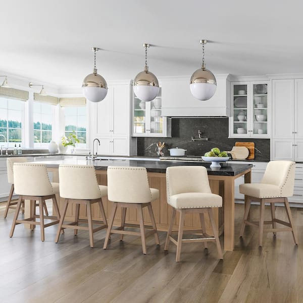 26" Wood 360 Free Swivel Upholstered Bar Stool with Back, Performance Fabric in Beige Set of 6